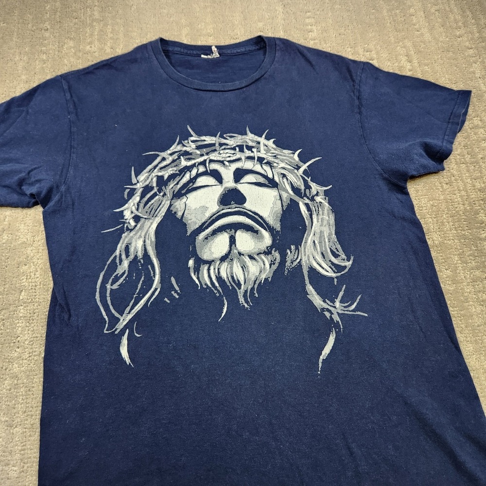 Vintage Big Face Jesus Tee Shirt Adult Size Medium Blue Christian Crown Of Thorn
